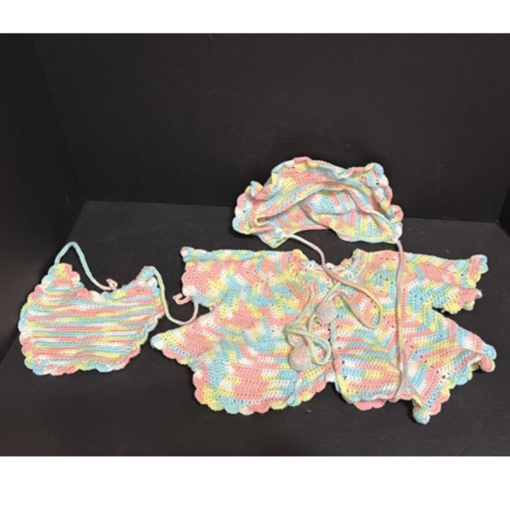 Vintage Handmade Crochet Knit Pink Blue Pastel Newborn Baby Shawl, Hat & Bib Set